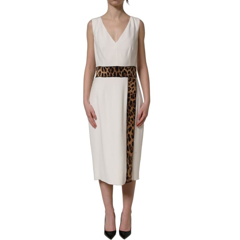 Dolce & Gabbana White Leopard Sleeveless Sheath Midi Women's Dress
